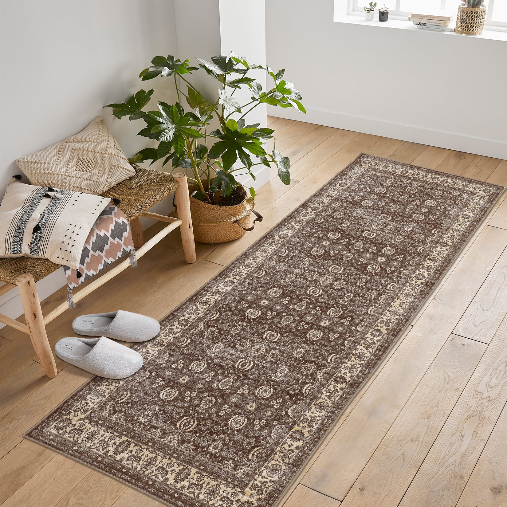 2x6 Runner Rug Vintage Floral Machine Washable Rugs, Non-Slip Vintage Boho Ultra-Thin Throw Carpet for Hallway Entryway Brown