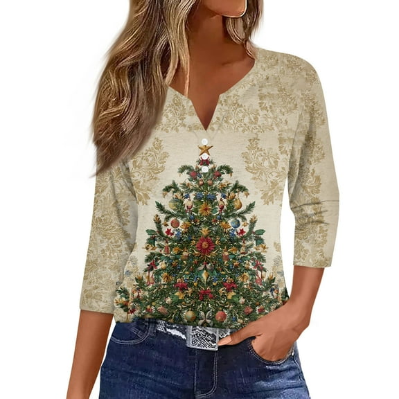 Christmas Shirts for Women V Neck T Shirts 3/4 Sleeve Xmas Tree Snowflake Print Henley T Shirts Dressy Casual Blouse Plus Size Tops Elbow Sleeve Tops Tees & Blouses