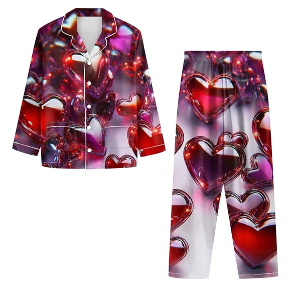 Valentine's Sleepwear Set - Women's Long Sleeve Lapel Pajamas with Matching Heart Print Pants Dark Purple L