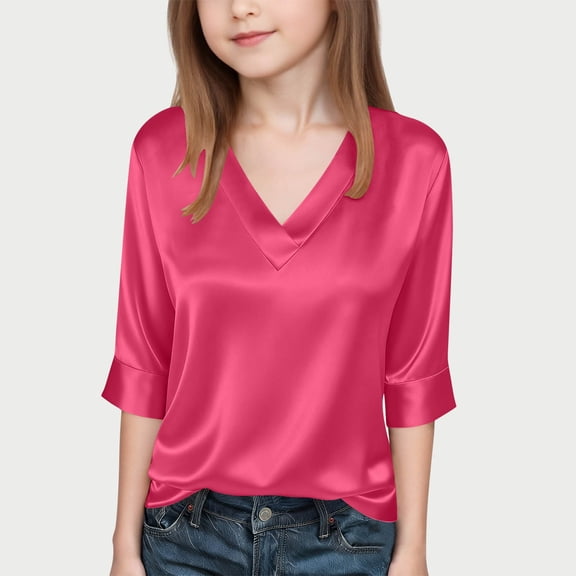 CQONEPT Silk Satin Shirts for Big Girls Summer Casual V Neck Youth Teen Short Sleeve Tops Tees Trendy Clothes Hot Pink 14-15Years