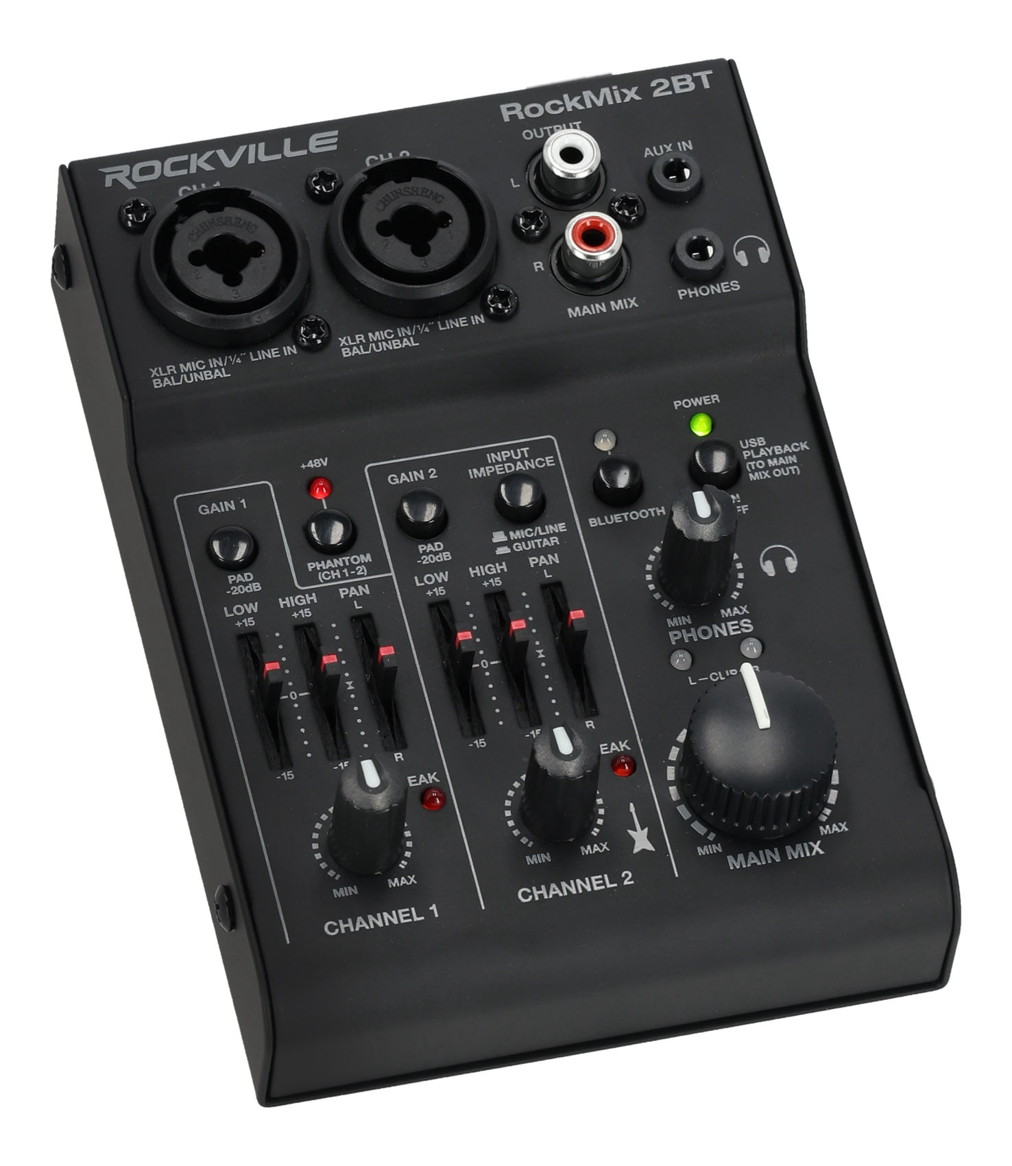 Rockville RockMix 2BT RockMix 2BT 2 Channel USB Interface Mixer 2-way Bluetooth 5.0 Black