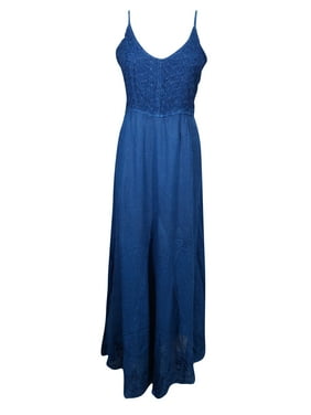 Mogul Women's Summer Long Dress Spaghetti Strap Blue Embroidered Enzyme Wash Flared Maxi Dresses M