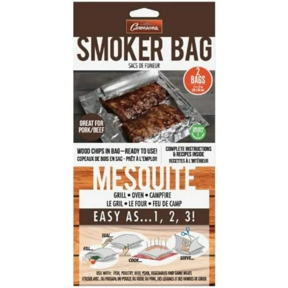 Camerons Smoker Bags- Mesquite Smoking Bags 2 Pack (11" x 12")- Easily Infuse Natural Wood Flavor into Food w/ Any Oven or Barbecue Grill - Ready-to-Use w/ Wood Chips Built Inside -Indoor Outdoor Use