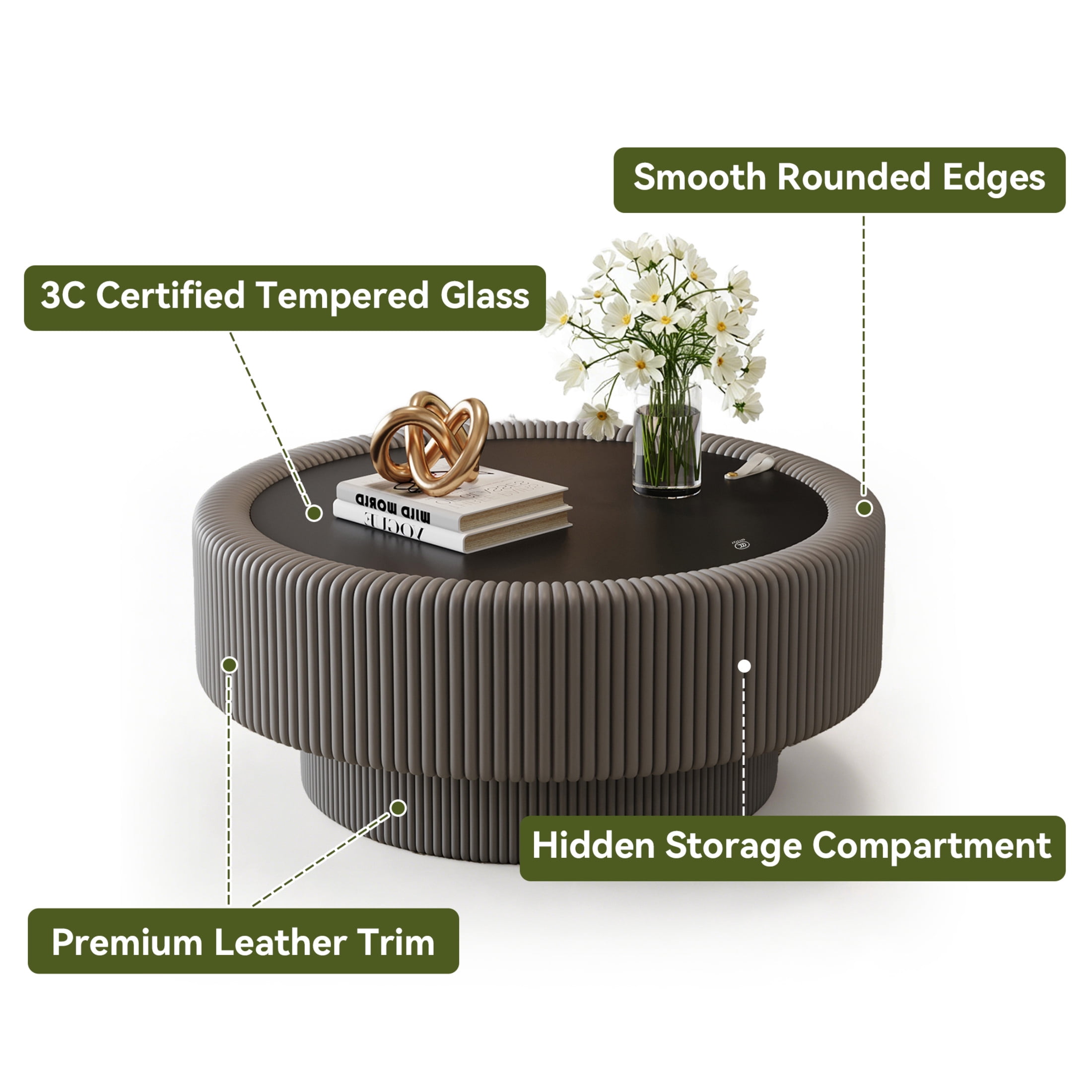 Noble House Morade 31.5" Fluted Round Storage Coffee Table with Glass Top & Leather Wrapped for Living Room, Gray