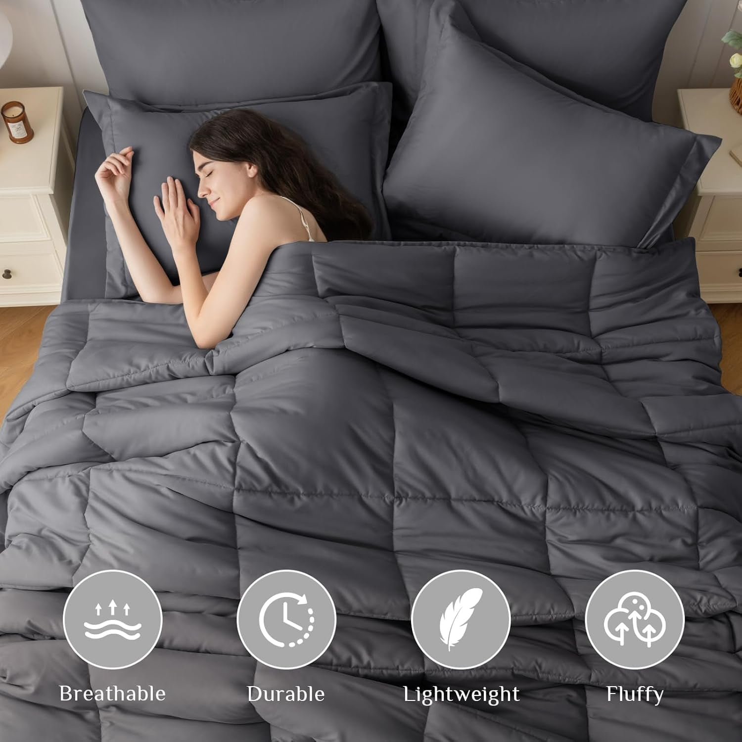 Cooling Comforter Twin Size, Down Alternative Duvet Insert with Corner Tabs, All Season Soft Quilted Bed Comforter, Lightweight Bedding for Women & Men, Grey