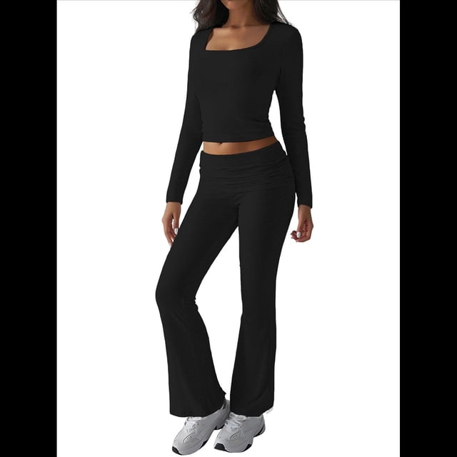 Conjuntos de Salón para Mujer, Conjuntos Casuales Y2K de 2 Piezas, Tops Cortos de Corta, Pantalones Acampanados con Pliegues y Chándales. Negro M