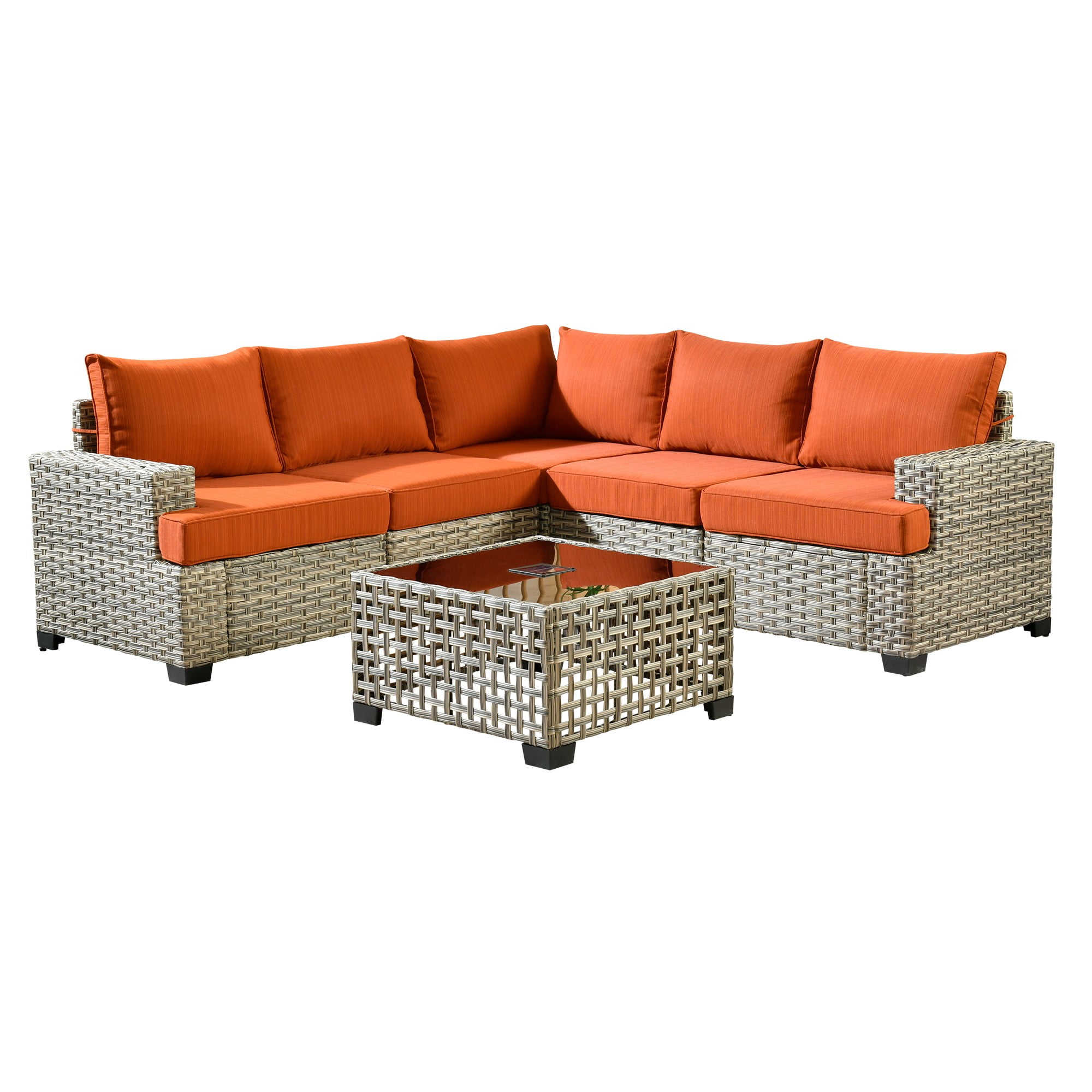 XIZZI 6-Piece Outdoor Patio Sectional Furniture Sets, Wicker Patio furniture with Coffee Table and Cushions, Waterproof Outdoor Conversation Set for Balcony, Porch, Backyard,Orange Red