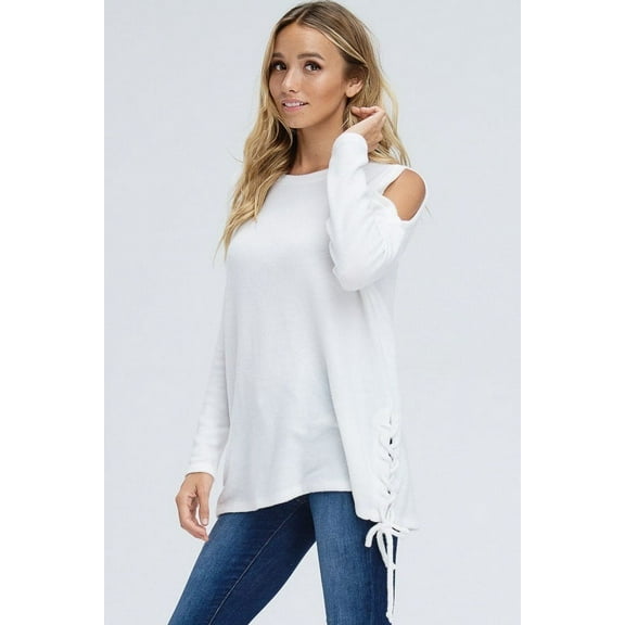 CHERISH Cold Shoulder Sweater (Ivory, Small)