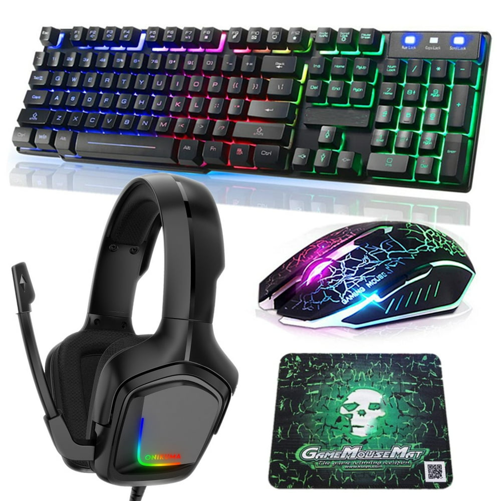 4 in 1 PC Gaming Set, Rainbow Backlit 104 Keys Gaming Keyboard USB