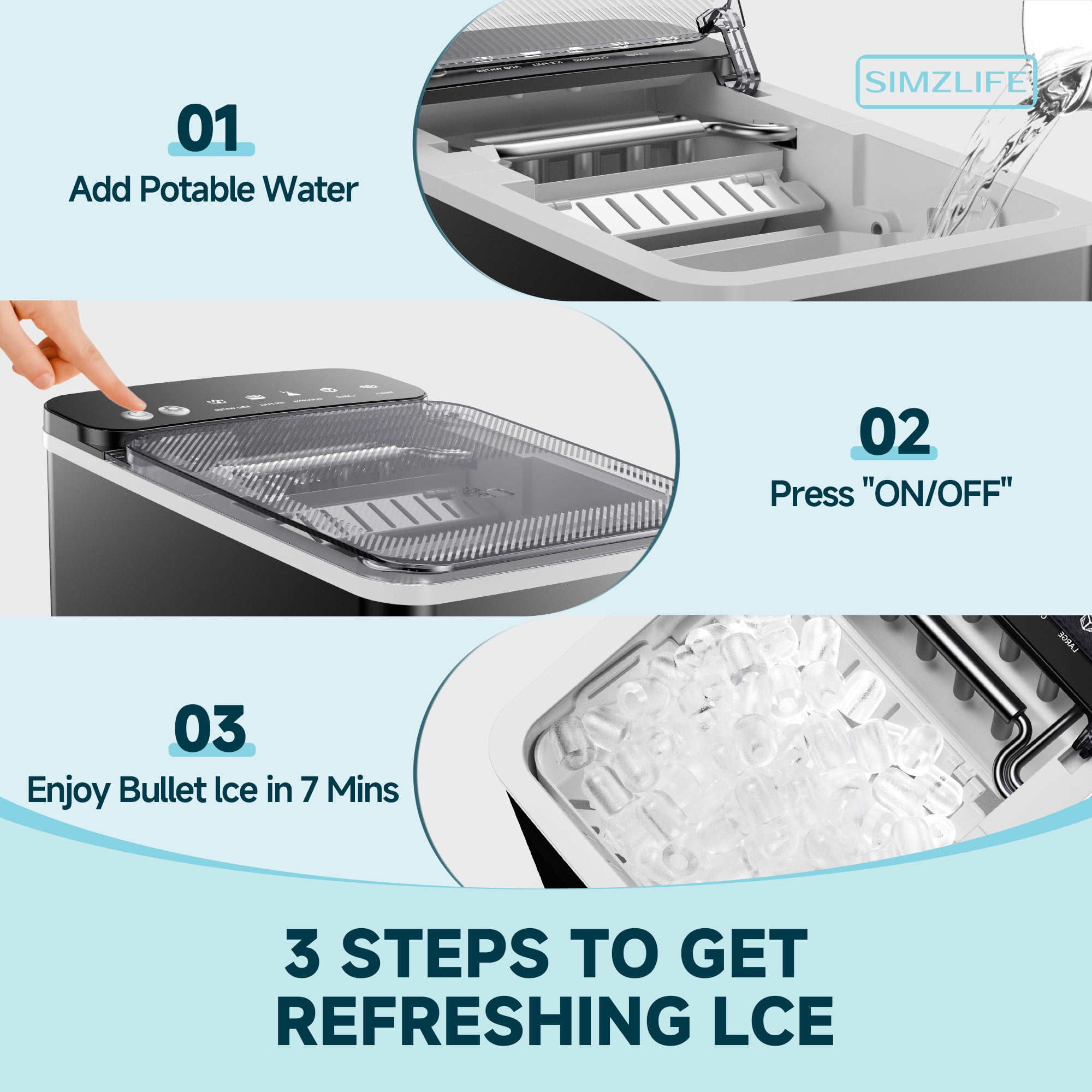 Simzlife Ice Maker Countertop, 9 Cubes Ready in 6 Mins, 26lbs in 24Hrs, Self-Cleaning Ice Machine with Ice Scoop and Basket, 2 Sizes of Bullet Ice for Home Kitchen Office Bar Party