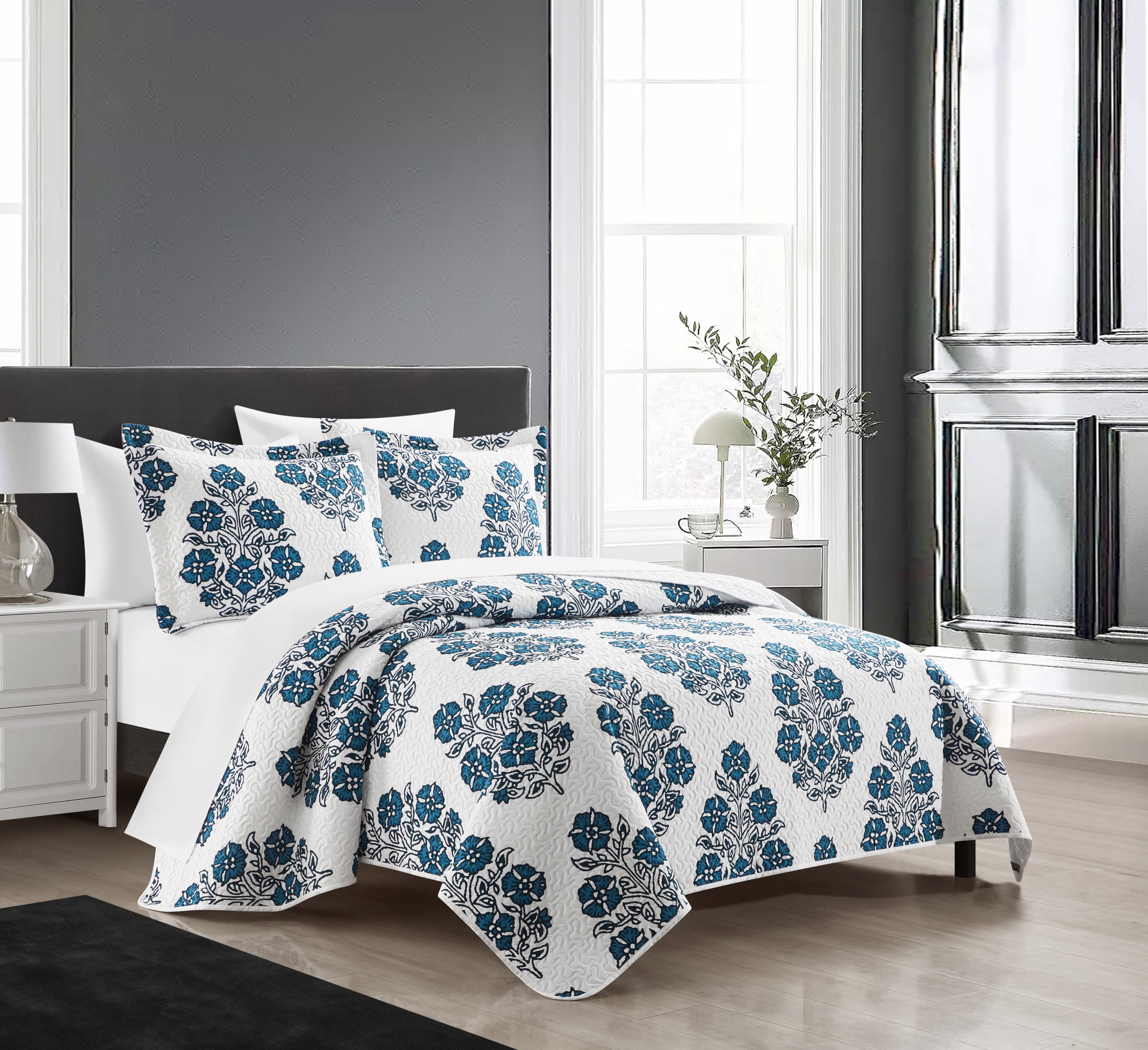 Chic Home Morten 3-Piece Floral Quilt Set, Queen, Blue