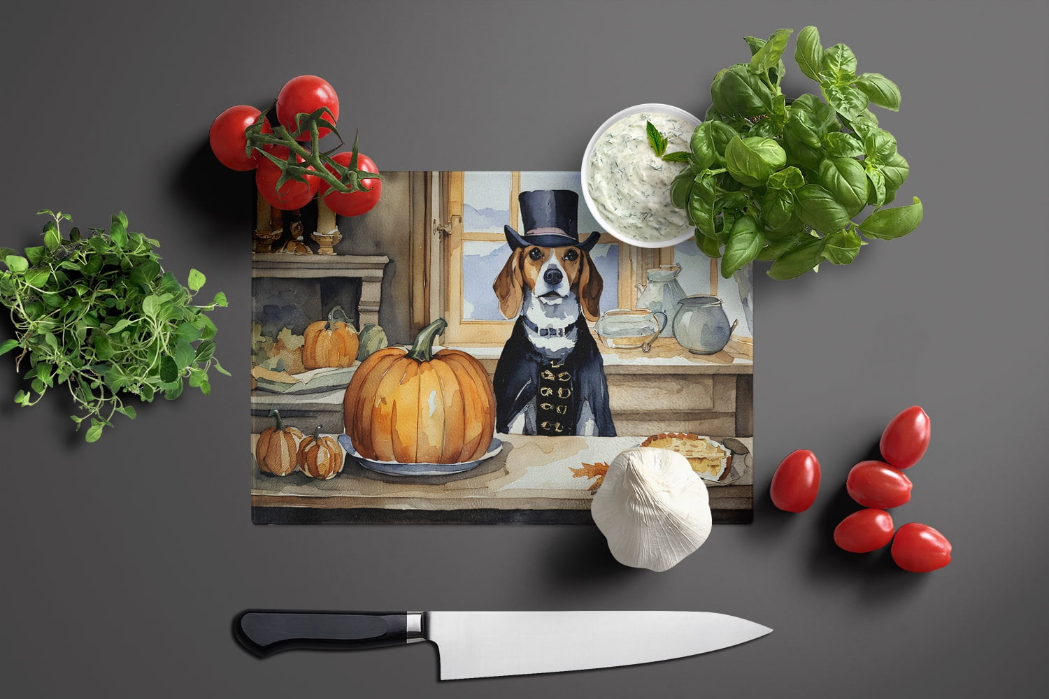 Beagle Fall Kitchen Pumpkins Glass Cutting Board Large 12 in x 15 in