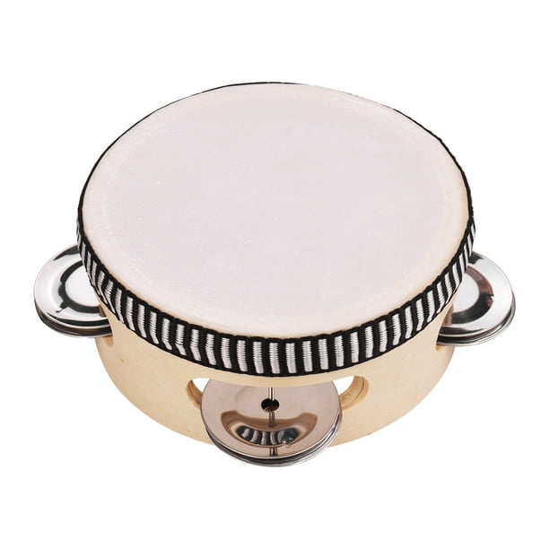 4 Inch Wooden Hand Tambourine with Metal Single Row Jingles Polyester