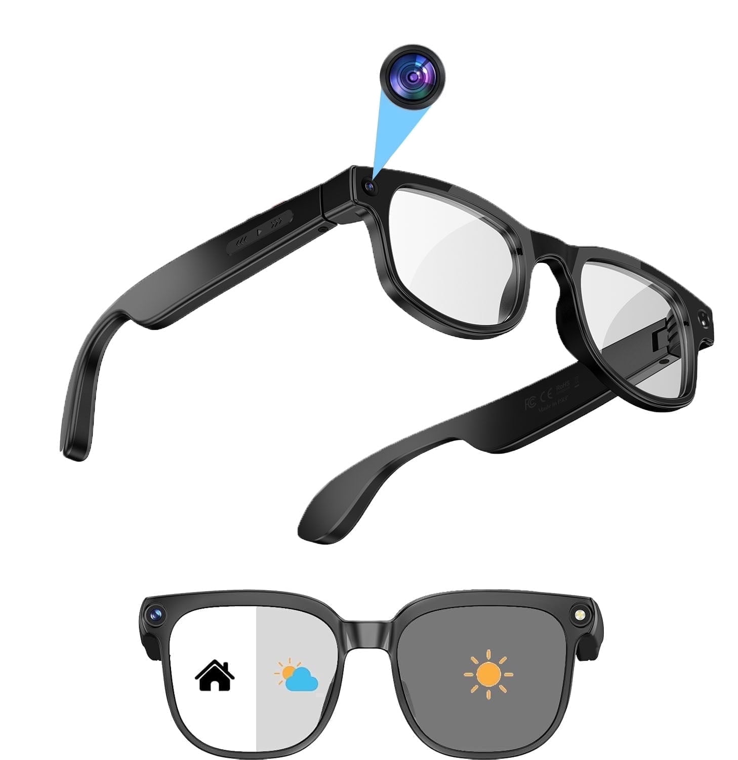 AI Smart Glasses with Camera, 1080P Video Recording Camera Glasses for Men and Women, Real Time Translation, AI Voice Assistant, Photochromic Lenses Sunglasses for Travel,(Black)