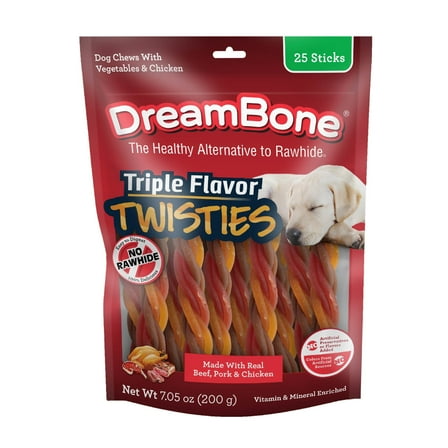 DreamBone Triple Flavor Twisties with Beef, Pork and Chicken, Rawhide-Free Chews for Dogs, 25 Count