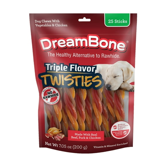 DreamBone Triple Flavor Twisties with Beef, Pork and Chicken, Rawhide-Free Chews for Dogs, 25 Count