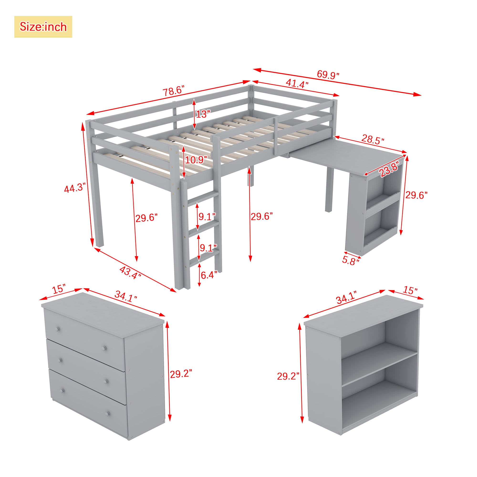 Sailvan Twin Loft Bed with Drawer Cabinet, Shelf Cabinet and Pulling Out Desk, Guardrail ,Ladder