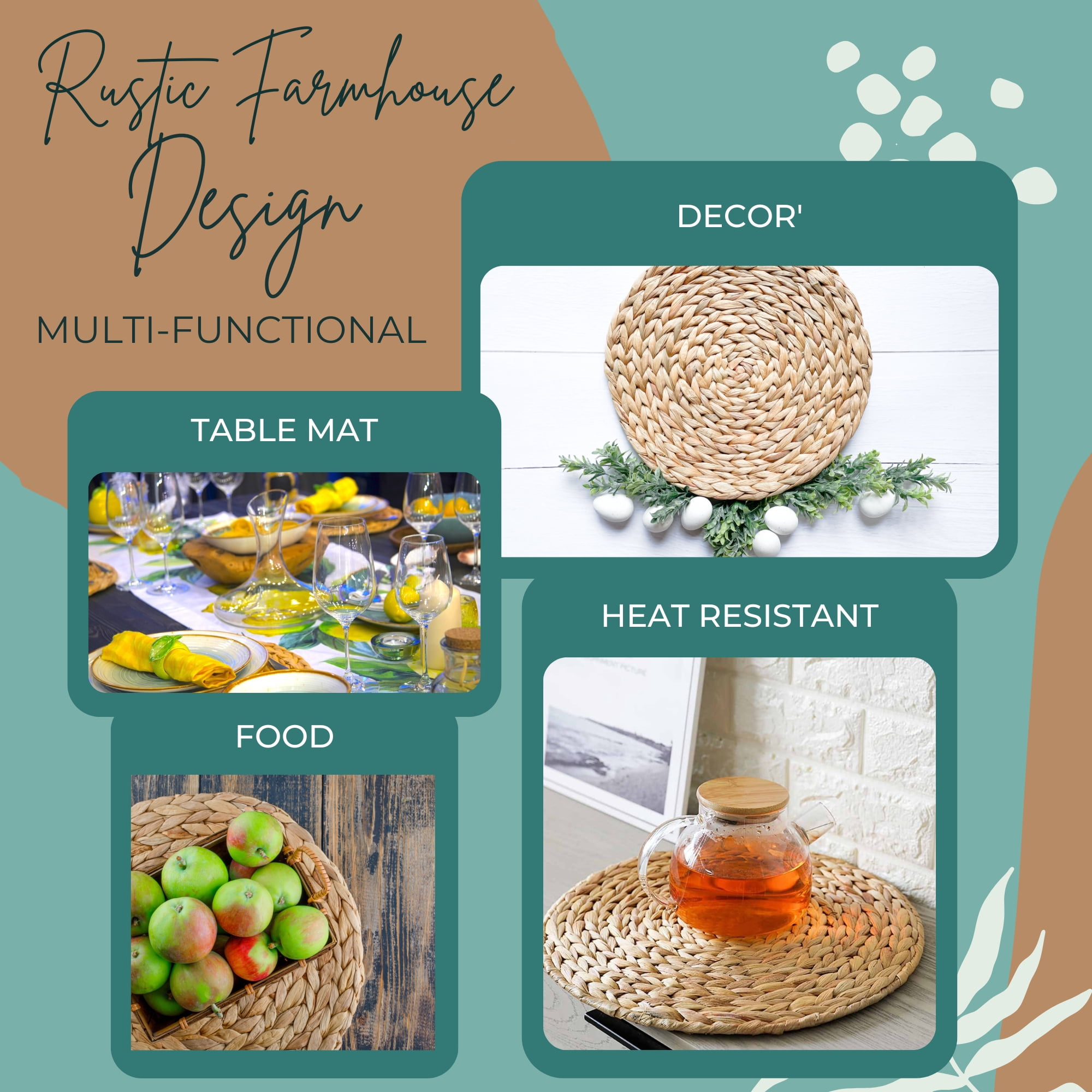 Set of 8 Water Hyacinth Placemats, Wicker Placemats, Natural Round Woven Placemats for Kitchen, Dining, Wall Decor