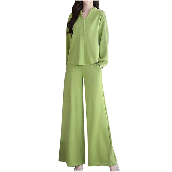 XFLWAM Women's 2 Piece Outfits Sweatsuit Puff Long Sleeve V Neck Sweatshirt Top and Wide Leg Pants Sets Tracksuit Lounge Sets Green M