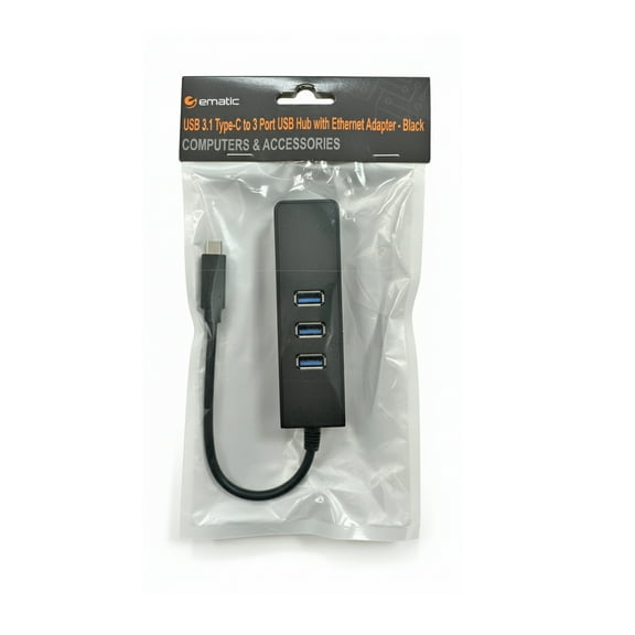 Ematic EUT401C3H USB 3.1 Type-C to 3 Port USB Hub with Ethernet Adapter, Black