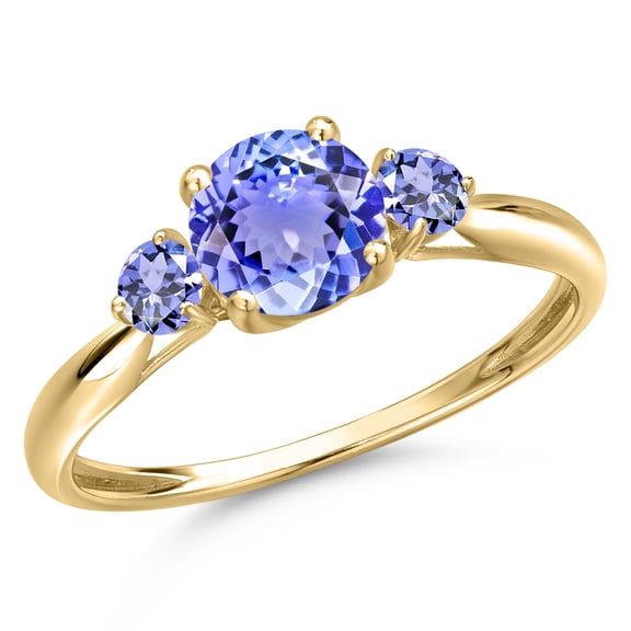 Gem Stone King 10K Yellow Gold Blue Tanzanite 3-Stone Ring for Women | 1.20 Cttw | Round 6MM | Gemstone December Birthstone | Size 9