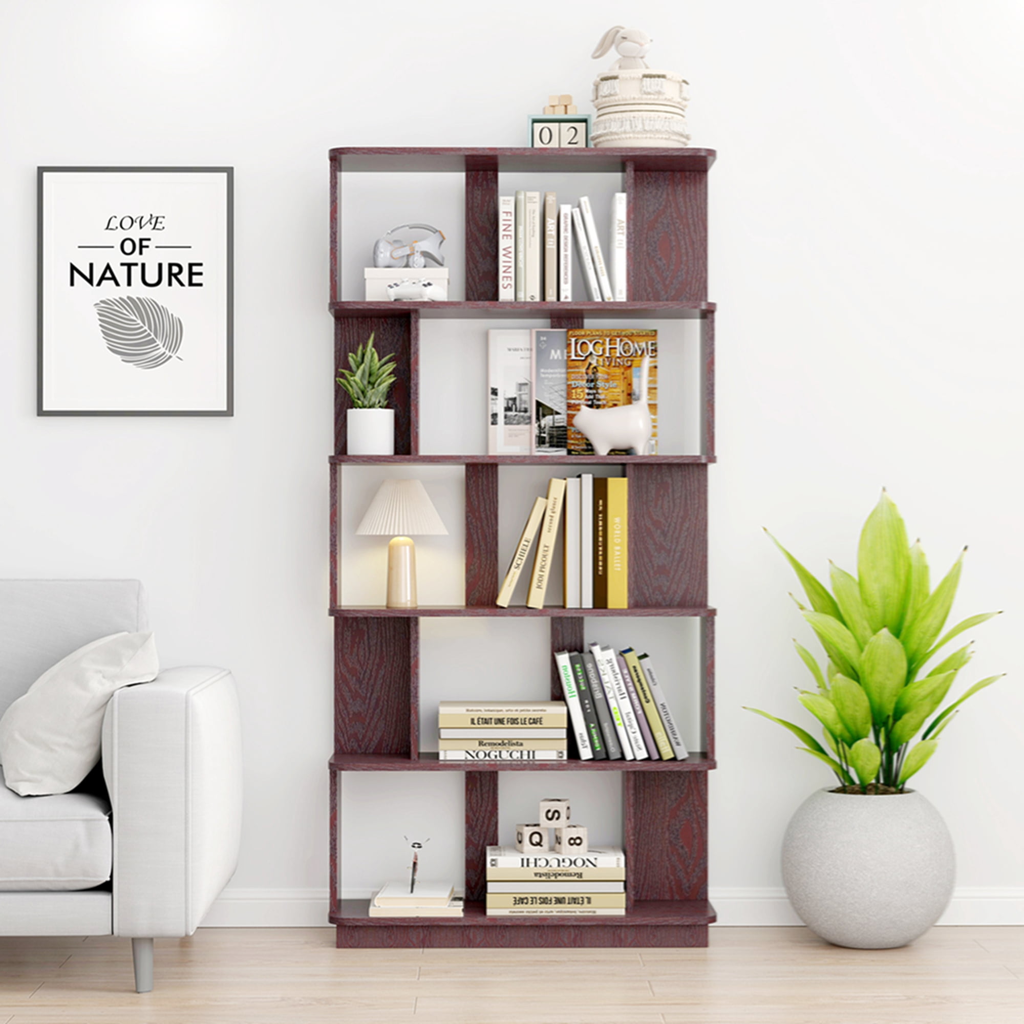 31.5" L x 64.56" H Free Combination Bookshelf Modern 5-Tier Open Storage Bookcase MDF Wood Display Shelving for Living Room Home Office Bedroom Decor Organizer, Media Storage Shelves, Red