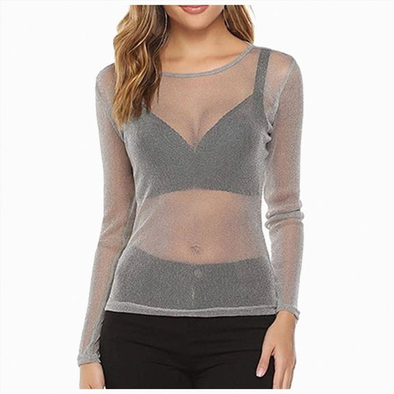 COMVALUE Women's Sheer Mesh Tops Glitter See Through Long Sleeve Bodysuit top Grey for Size L