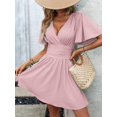 thumbnail image 4 of Dusty Pink Solid Cross Wrap Short Sleeve Ruffle Waist Pleated Mini Dress, 4 of 8