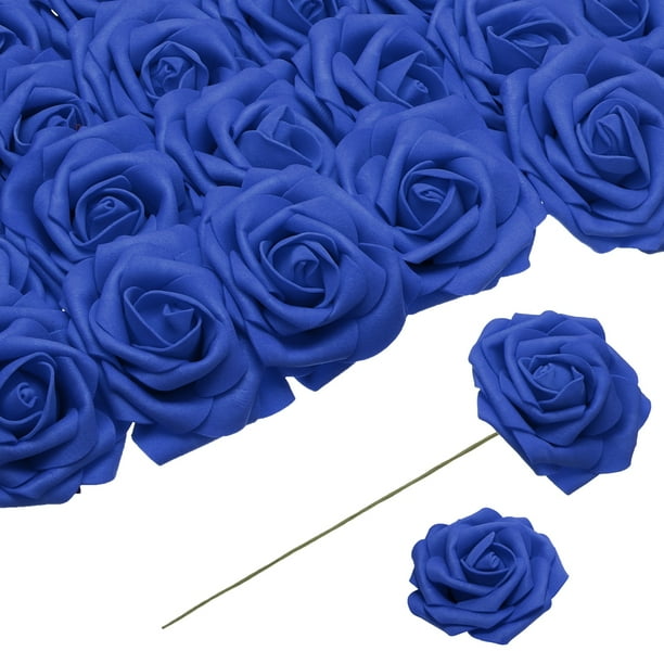 Uxcell 25 piezas de rosas artificiales, rosas falsas con tallos para bodas, azul profundo