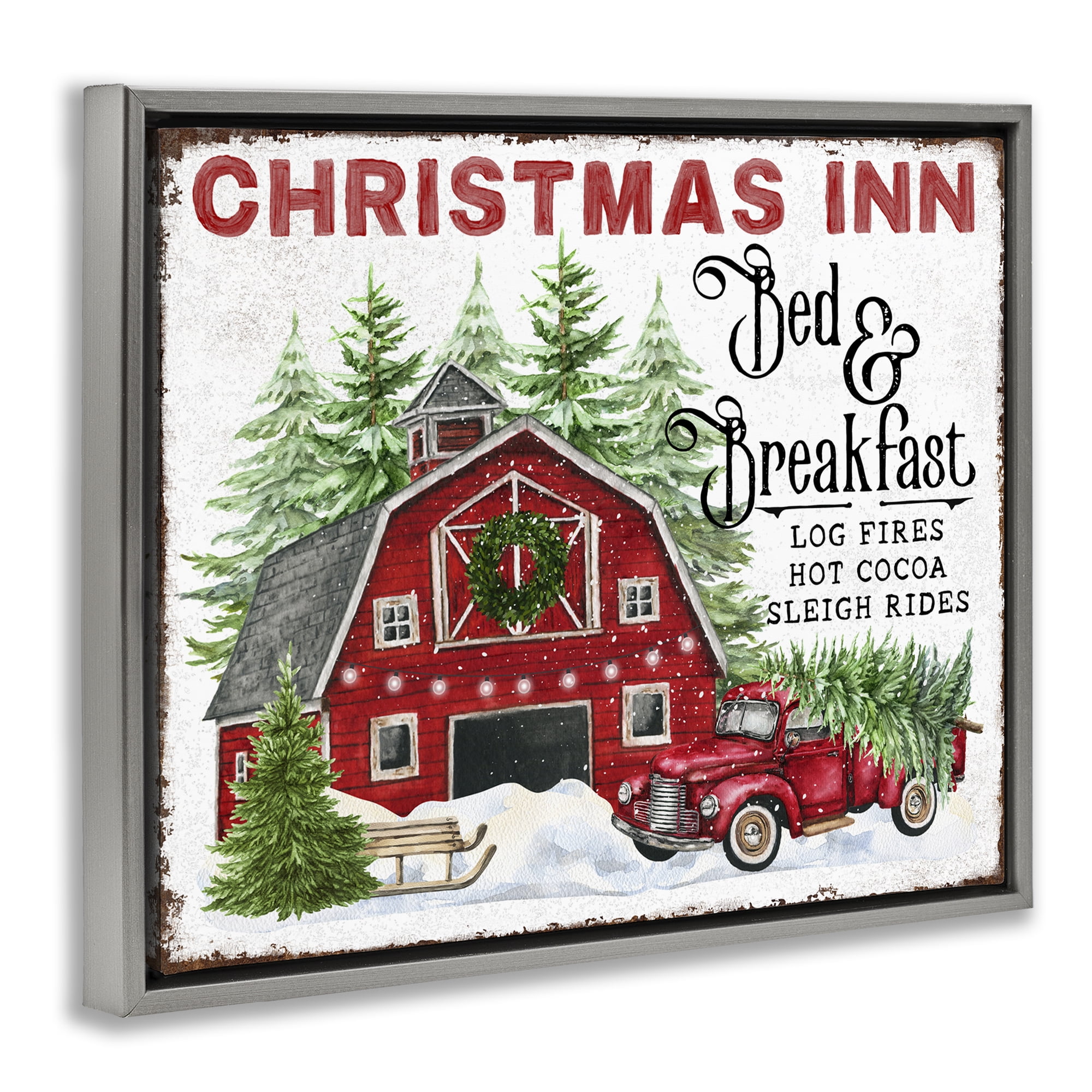 Stupell Industries Christmas Inn Shop Holiday Painting Gray Floater Framed Canvas Art Prints Wall Art, 31 x 25