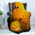 thumbnail image 4 of Spider Web Soft Flannel Fleece Throw Blanket, Halloween Themed Composition Pumpkin Leaves Trees and Bats, Cozy Plush for Indoor and Outdoor Use, 50" x 60", Orange Dark Green Black, by Ambesonne, 4 of 5
