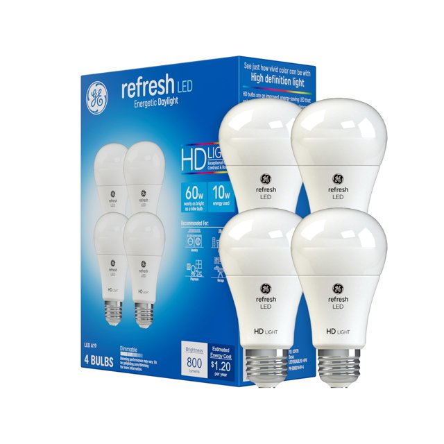 Bombillas LED GE Refresh de 10 W (60 W equivalentes) Daylight A19, paquete de 4