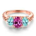 thumbnail image 3 of Gem Stone King 18K Rose Gold Plated Silver Pink Created Sapphire and Blue Apatite Filigree Style 3 Stone Ring for Women (2.70 Cttw, Oval 8X6MM and 6X4MM, Size 5), 3 of 6