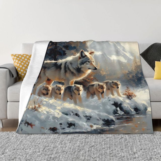 Fotbe Wolf Family Winter Wonderland Manta de Franela con Estampado, Manta Ultrasuave para Cama, Sofá, Auto, Hipoalergénica y Antibolitas-50"x40"
