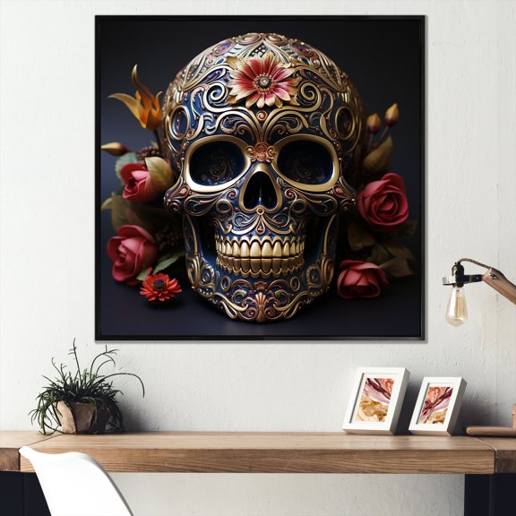 Designart "Mexican Skull in Gold Floral Design II" Animals Framed Wall Art - Red Skull Entryway Framed Wall Art