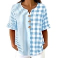 thumbnail image 2 of Molidfa Women's V-Neck Blouse 3/4 Sleeve Plaid Stretchable Pull-On Style Regular Fit Striped Casual Elegant Top, 2 of 5