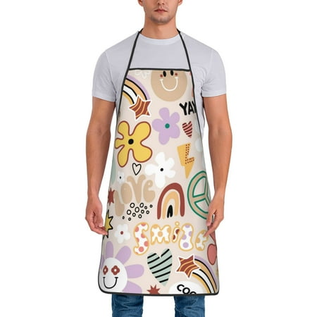 

Adjustable Bib Apron - flowers rainbow peace sign Waterdrop Resistant Cooking Apron Kitchen Aprons for Men Women
