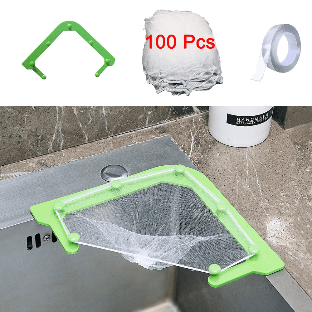 ViveComb Triangle Tri-Holder Filter, Sink Strainer Bag Sink Net, Kitchen Leftovers Filter Basket Fine Mesh Bag with 100 Pieces Filter Net