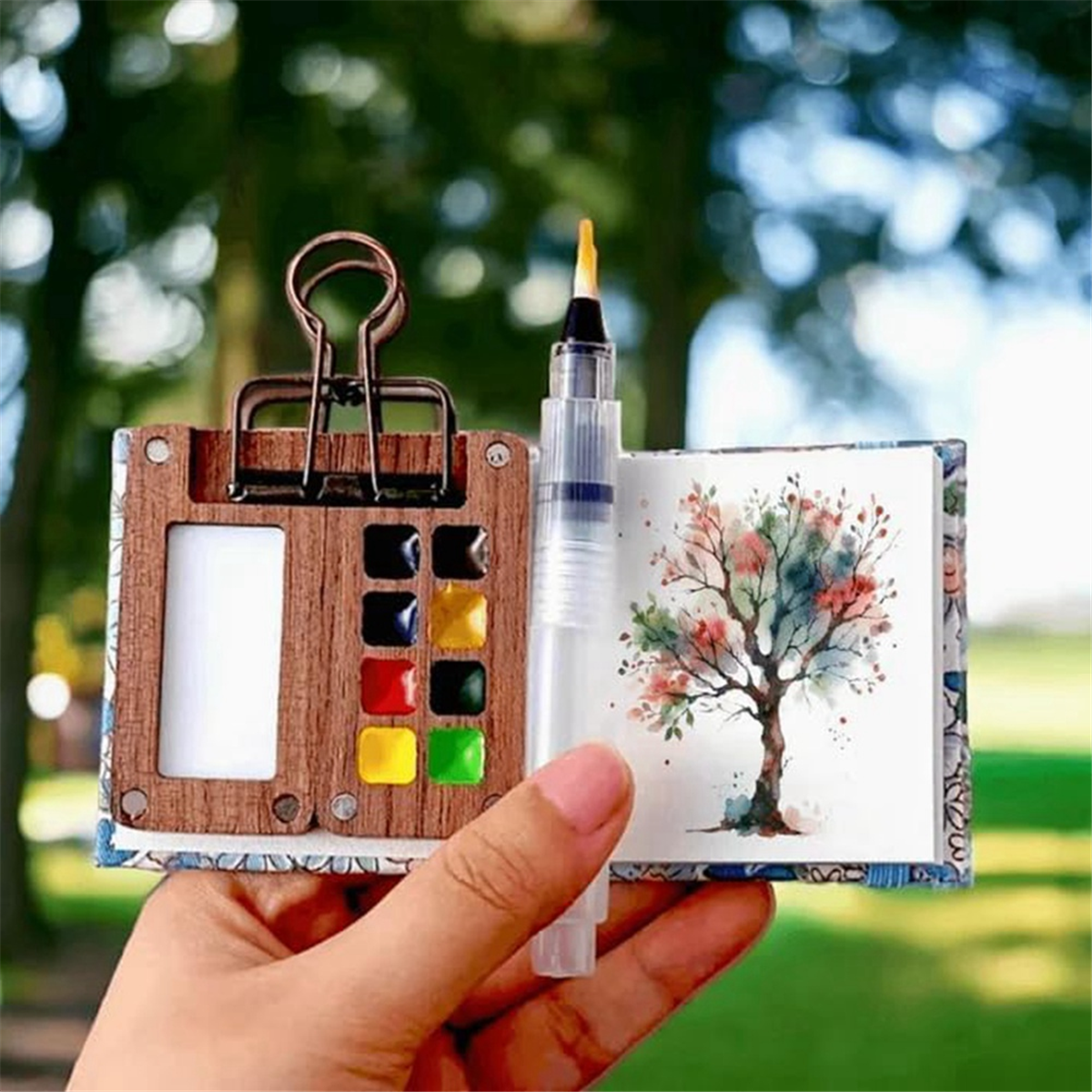 Mini Palette Aquarelle De Voyage En Bois - 24 Couleurs, 15 Cases, Carnet De Croquis, Pince, Idéal Pour Artistes Nomades - 7