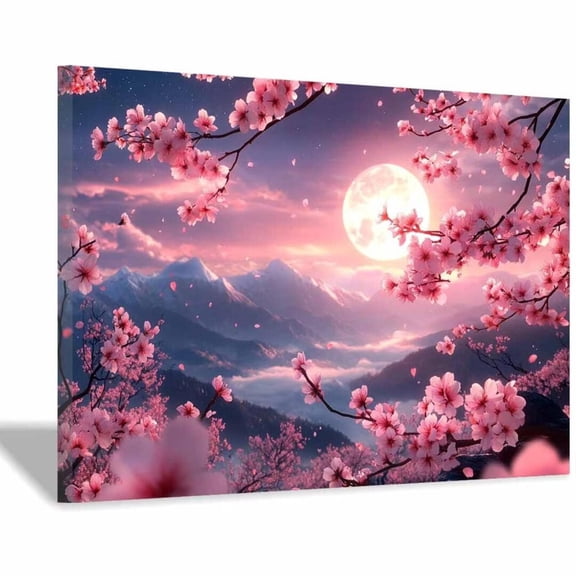 Mudket Framed Wall Art Full Moon Pink Cherry Blossom Snow Mountain Floral Landscape Prints Wall Decor Canvas Print Ready to Hang for Bedroom Living Room Wedding Decor - 12"L x 8"W