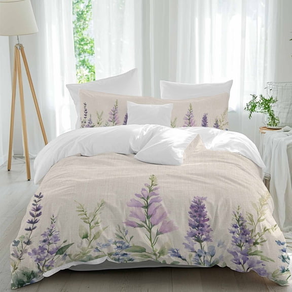 3 Piece Purple Lavender Duvet Cover Set California King,Microfiber Comforter/Quilt Cover with Corner Ties and 2 Pillowcases,Botanical Blossom Motif Leaves Spring Soft Bedding with Zipper Closure