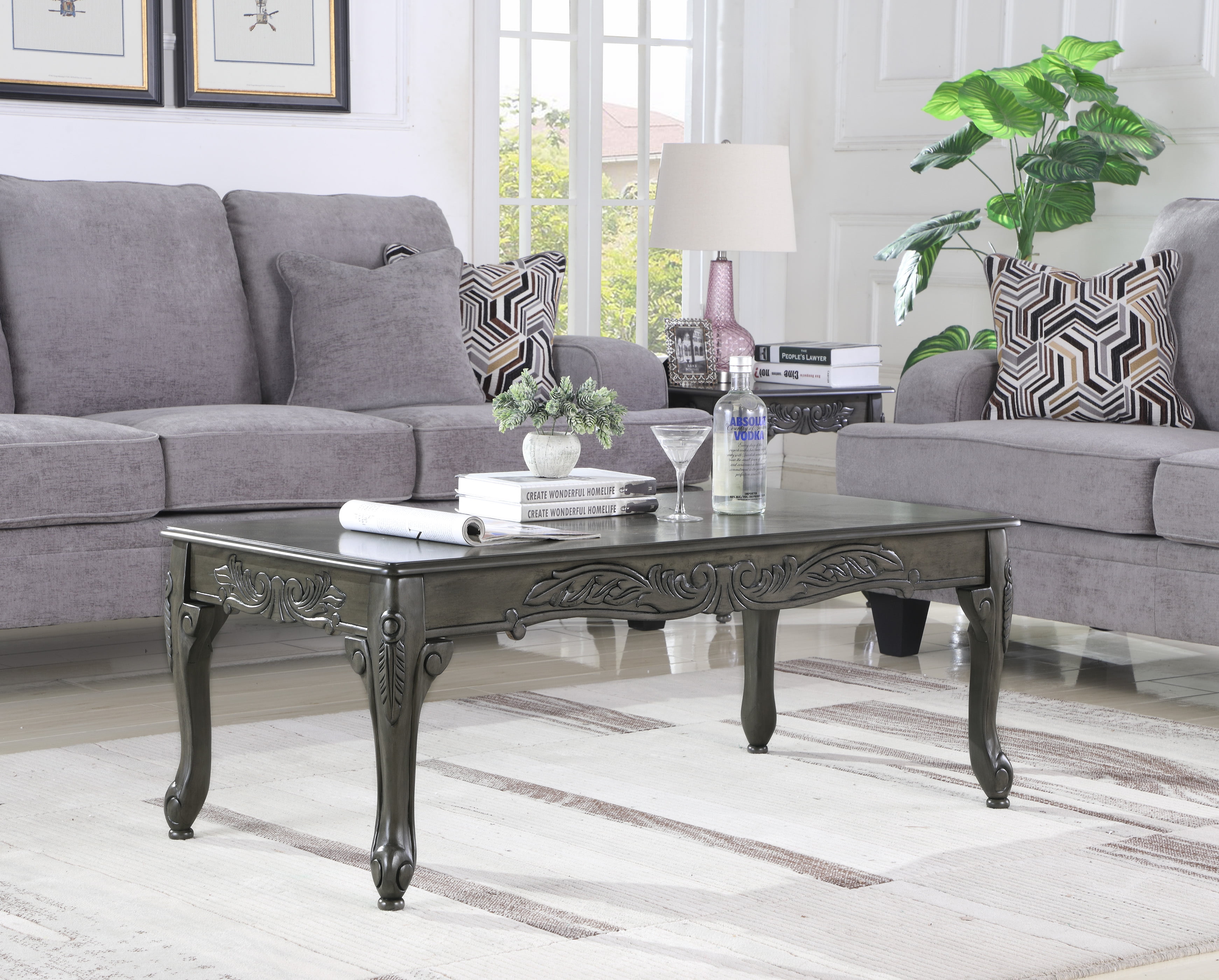 Roundhill Traditional Ornate Detailing Grey Finish Wood Coffee Table