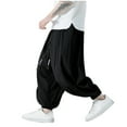 thumbnail image 6 of Wyobmus Men's Lantern Pants Solid Color Cotton Linen Pants Loose Workwear Wide Leg Pants B-Black, 6 of 8