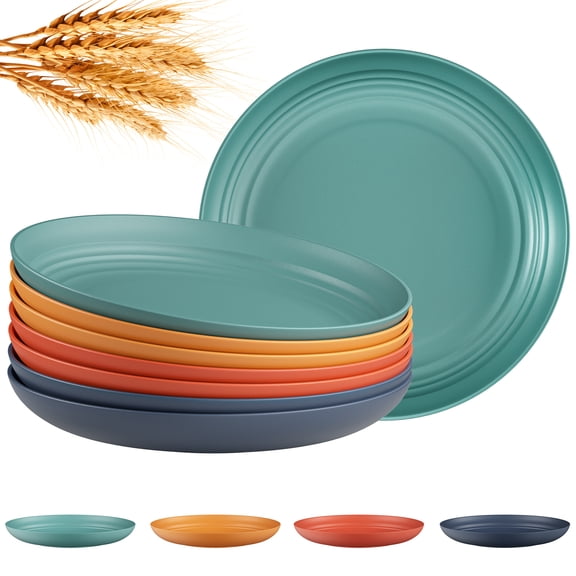 Quatish 8 PCS Unbreakable Reusable Plastic Plates,8 inch Dishwasher & Microwave Safe Dinner Plate, Easy-to-Clean Lightweight,Portable for Kitchen & Picnics Wheat Straw Plates( Multi-Color)
