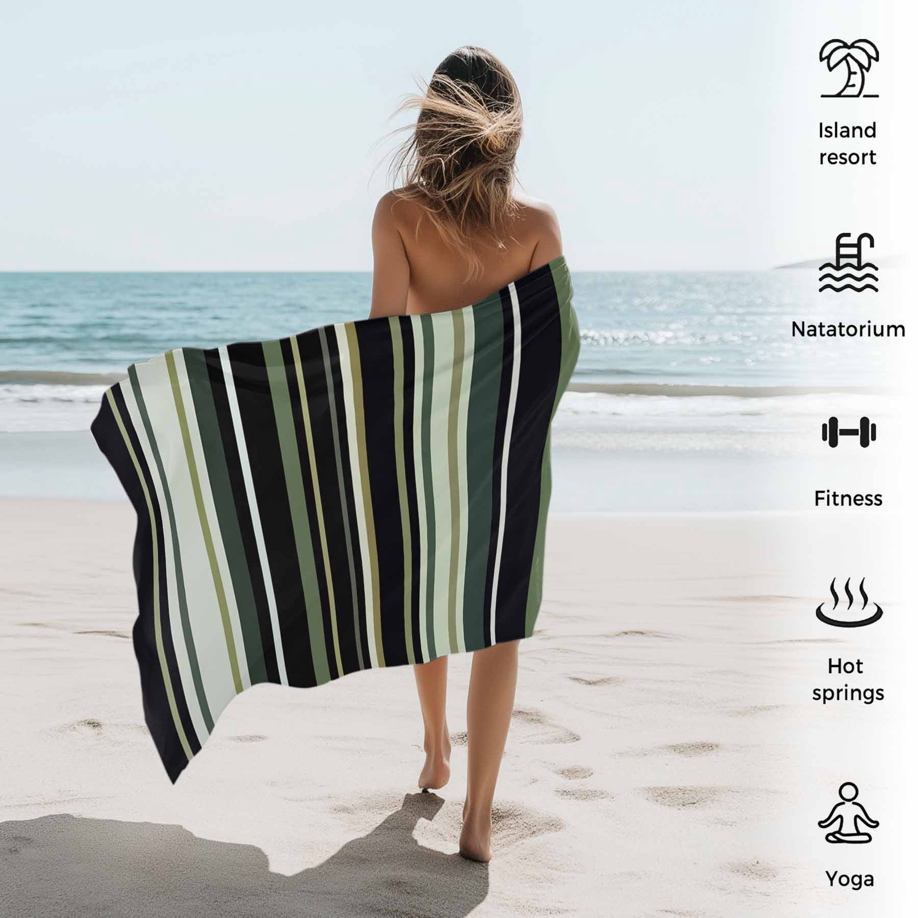 Green Black Retro Stripe Beach Towels Blanket Soft&Absorbent Quick Dry Microfiber Minimalist Geometric Pattern Pool Towels for Swimming ,Yoga, Sports, Gym, Camping,Large 30X60in,