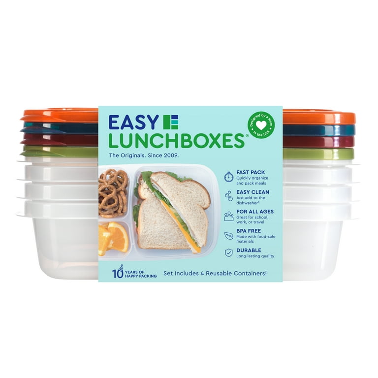 EasyLunchboxes - Bento Lunch Boxes - Reusable 3-Compartment Food Containers  for School, Work, and Travel, Set of 4, Classic 