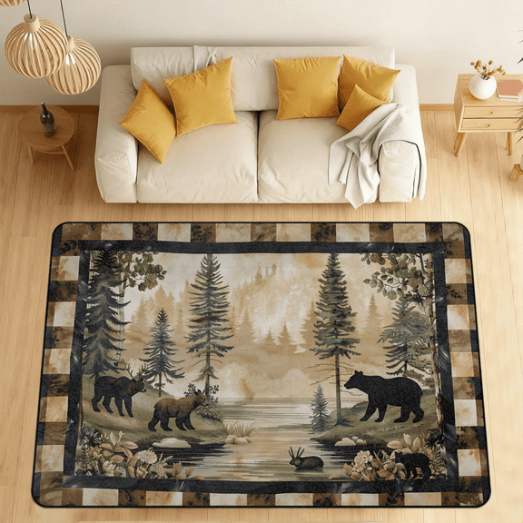 CURLYOOT Bear Rustic in Forest Area Rugs for Living Room Bedroom, 4' 10" x 6' 8" Washable Rug, Floor Carpet with Non Slip Backing for Dining Room Indoor
