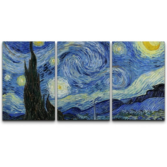 wall26 Canvas Print Wall Art Set Starry Night by Vincent Van Gogh Nature Wilderness Illustrations Fine Art Relax/Calm Multicolor for Living Room, Bedroom, Office - 16"x24" x 3 Panels