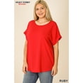 thumbnail image 3 of Zenana Plus Size Round Neck Heavy Woven Boat Neck Rolled Short Sleeve Blouse Top, 3 of 4