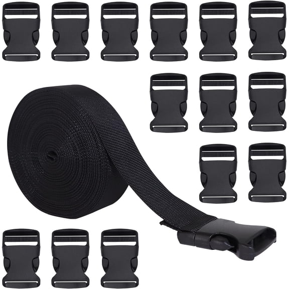 JINYINGHOD 32MM 10 Yards Black Nylon Webbing Strap & 15 Pcs Adjustable Buckles Plastic Side Release Buckles